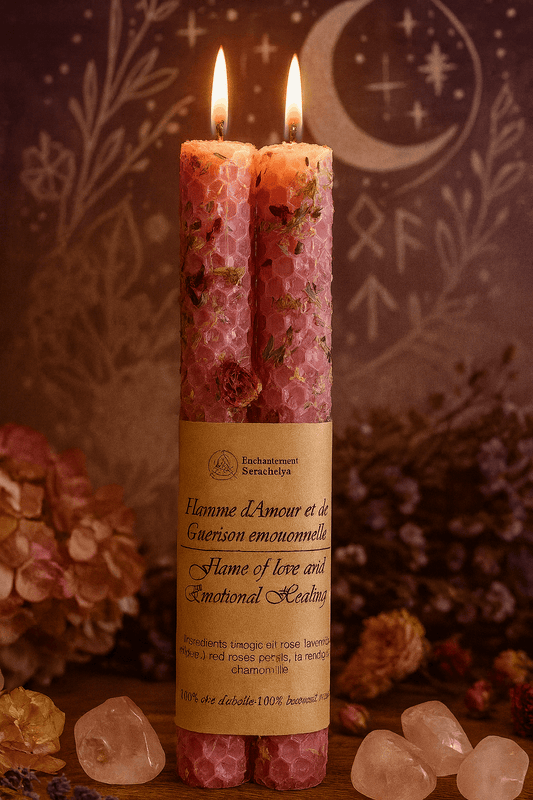Bougie rituelle en cire d'abeille - Amour et Tendresse. Flamme d'amour pur et de douceur. Herbes et huiles florales.