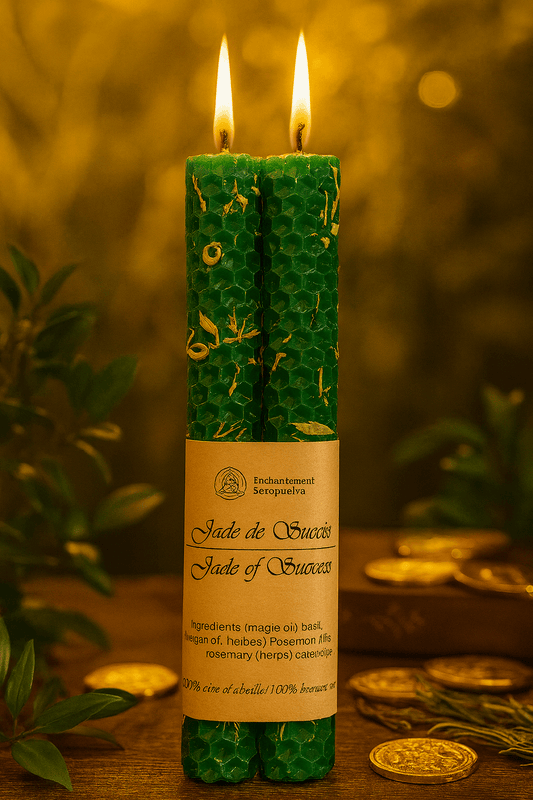 Bougie rituelle en cire d'abeille - jade de succès, attirer chance et opportunités, abondance, prospérité et réussite.