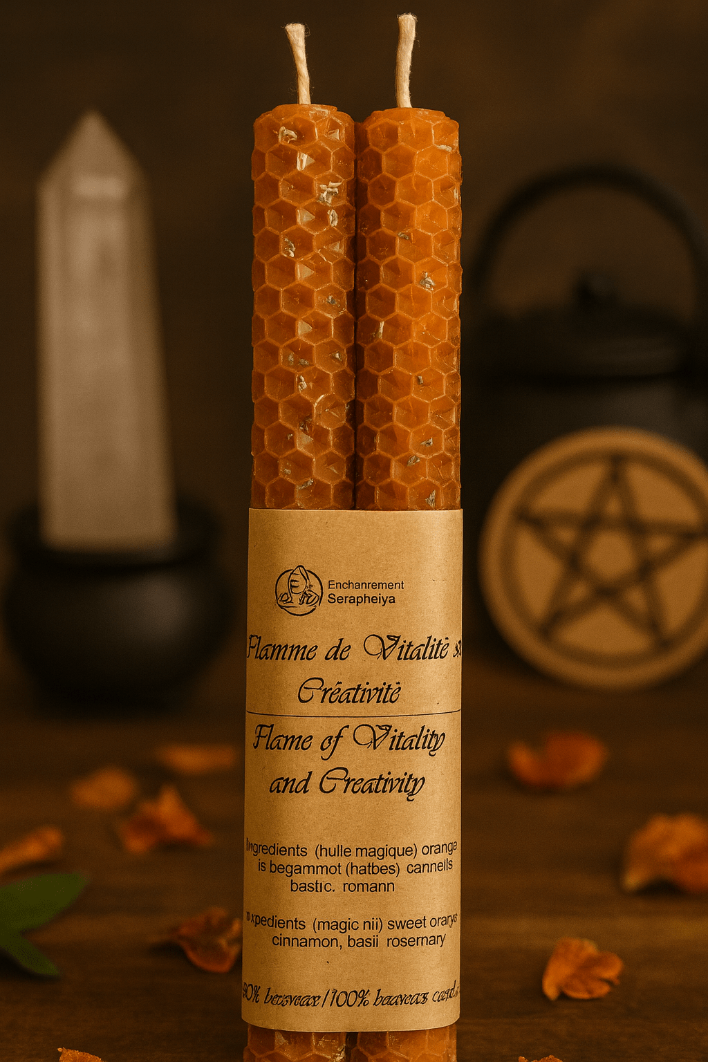 Bougie orange en cire d'abeille - rituel de vitalité, motivation et créativité solaire