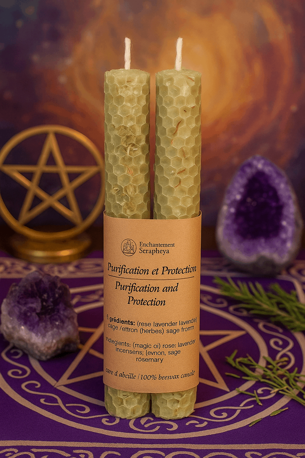 Bougie rituelle - Purification et protection. Flamme dorée de clarté, guérison et lumière, infusée d'herbes sacrées.