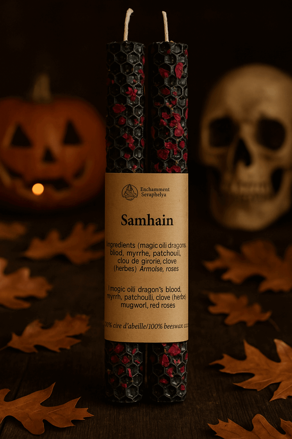 Bougie rituelle en cire d'abeille - Samhain. Flamme du voile entre les mondes, protection des âmes et magie de la nuit sacrée