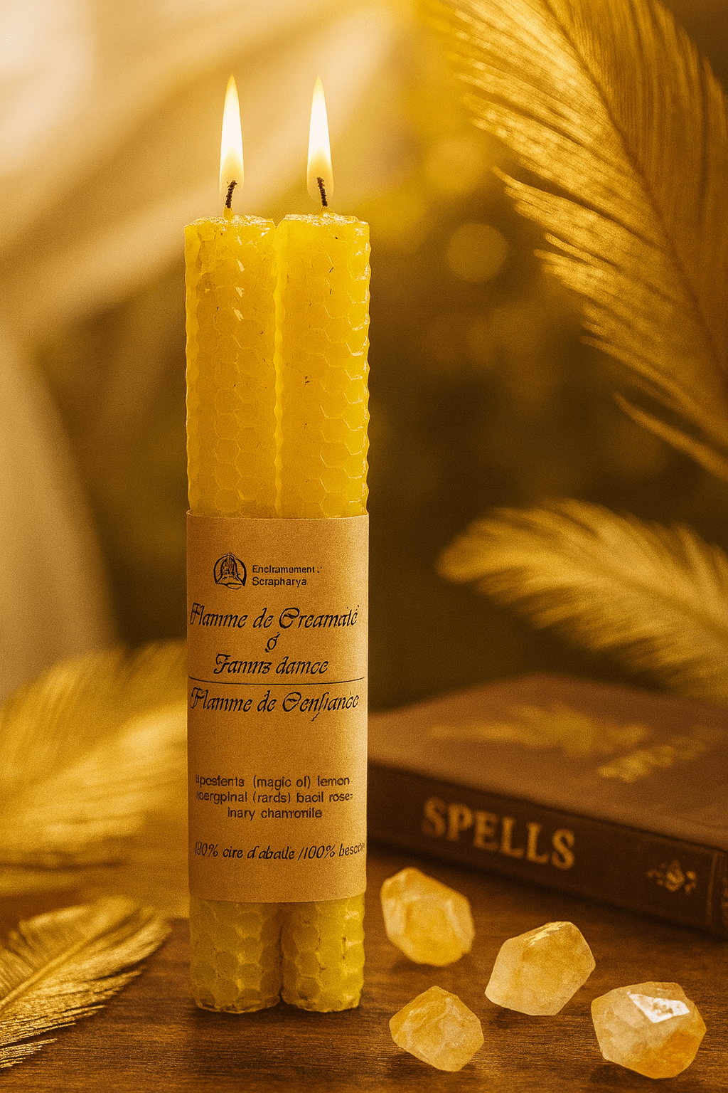 Bougie jaune en cire d'abeille - rituel de créativité, confiance et énergie solaire.