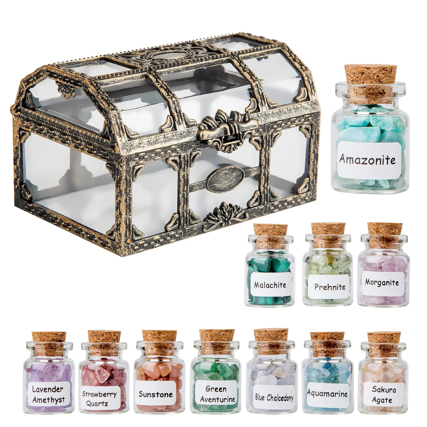 Coffret vintage de mini fioles de cristaux - pierres naturelles pour sorcellerie, chakras, guérison et rituels spirituels.