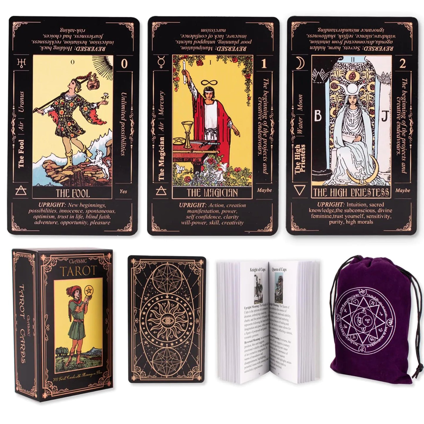 Jeu de cartes de tarot noir KLEDERY - tarot classique pour débutants avec significations et guide de lecture spirituelle.