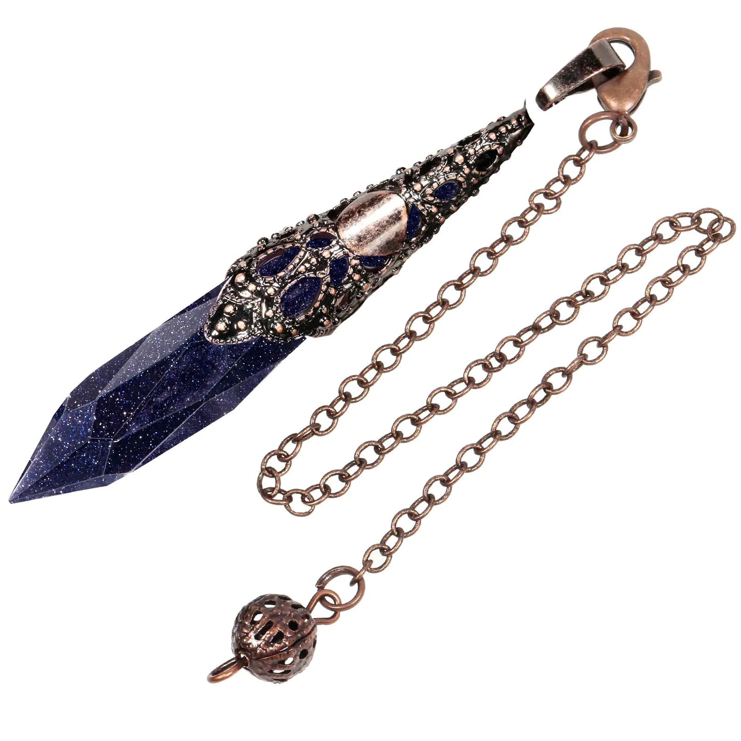 Rockcloud Natural Blue Sand Stone Dowsing Pendulum Chakra Crystal Point Pendant Pendulum for Divination Copper Wicca Balancing Meditation Kit