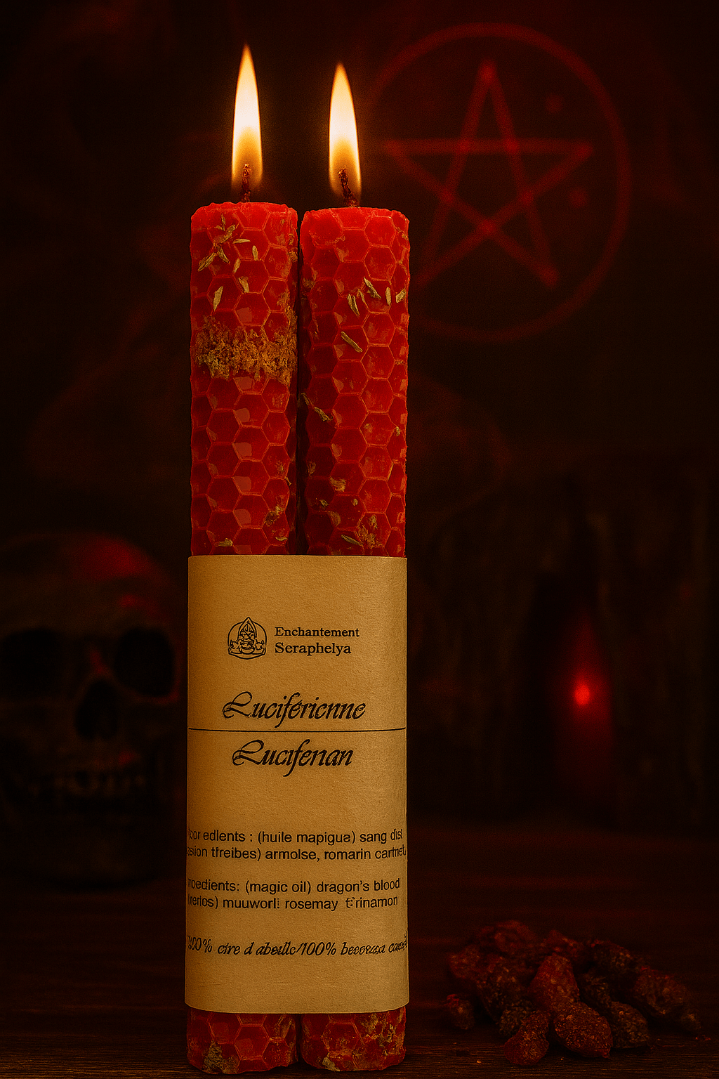 Bougie rouge Luciférienne en cire d'abeille - flamme rituelle de courage, pouvoir et transformation spirituelle