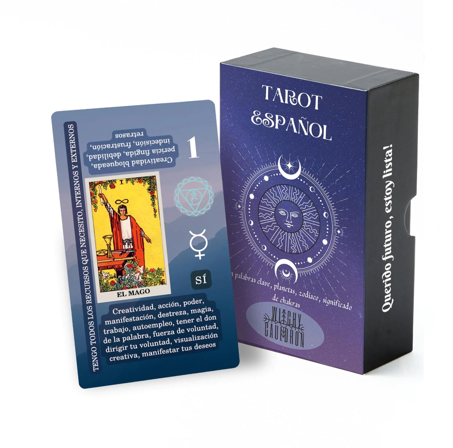 Jeu de tarot Witchy Cauldron en espagnol - 78 cartes avec significations, chakras, planètes et symboles astrologiques