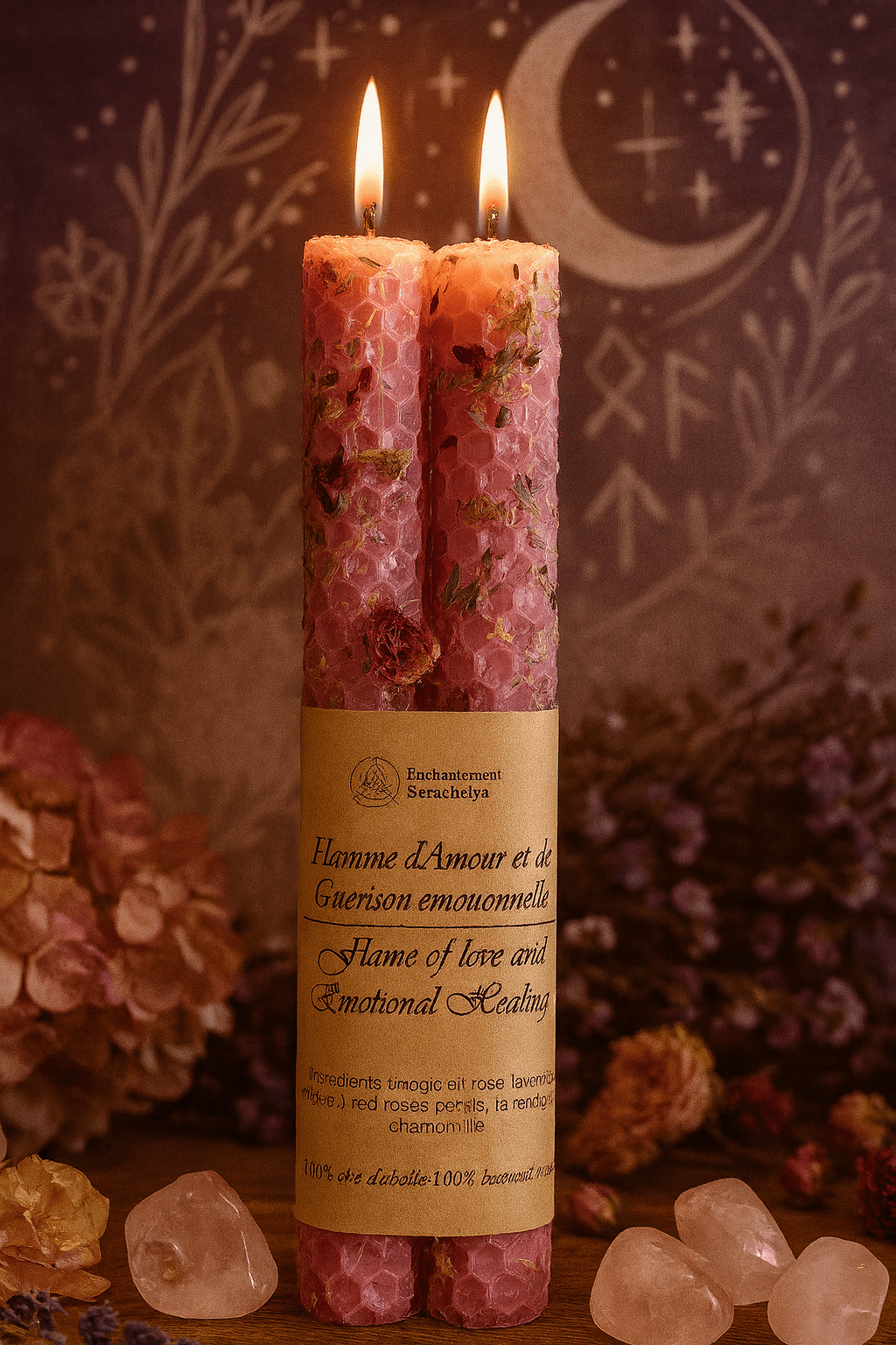 Bougie rose en cire d'abeille - amour, guérison émotionnelle et rituel de douceur énergétique.