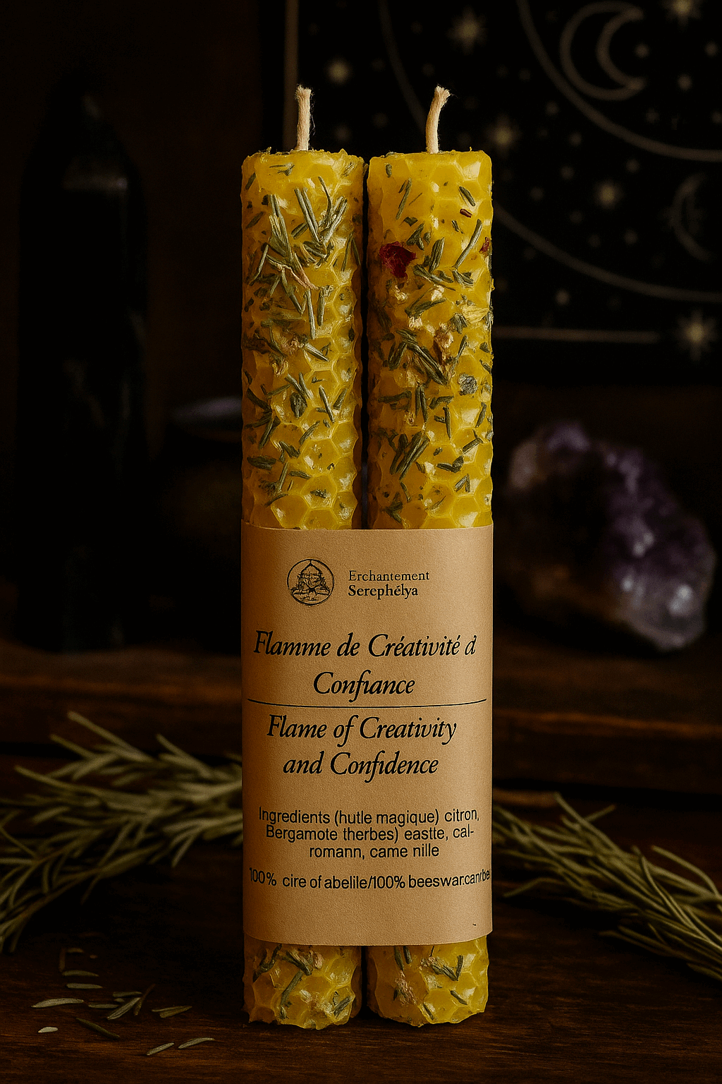 Bougie rituelle en cire d'abeille - Créativité et Confiance. Flamme dorée de motivation, inspiration et clarté spirituelle.