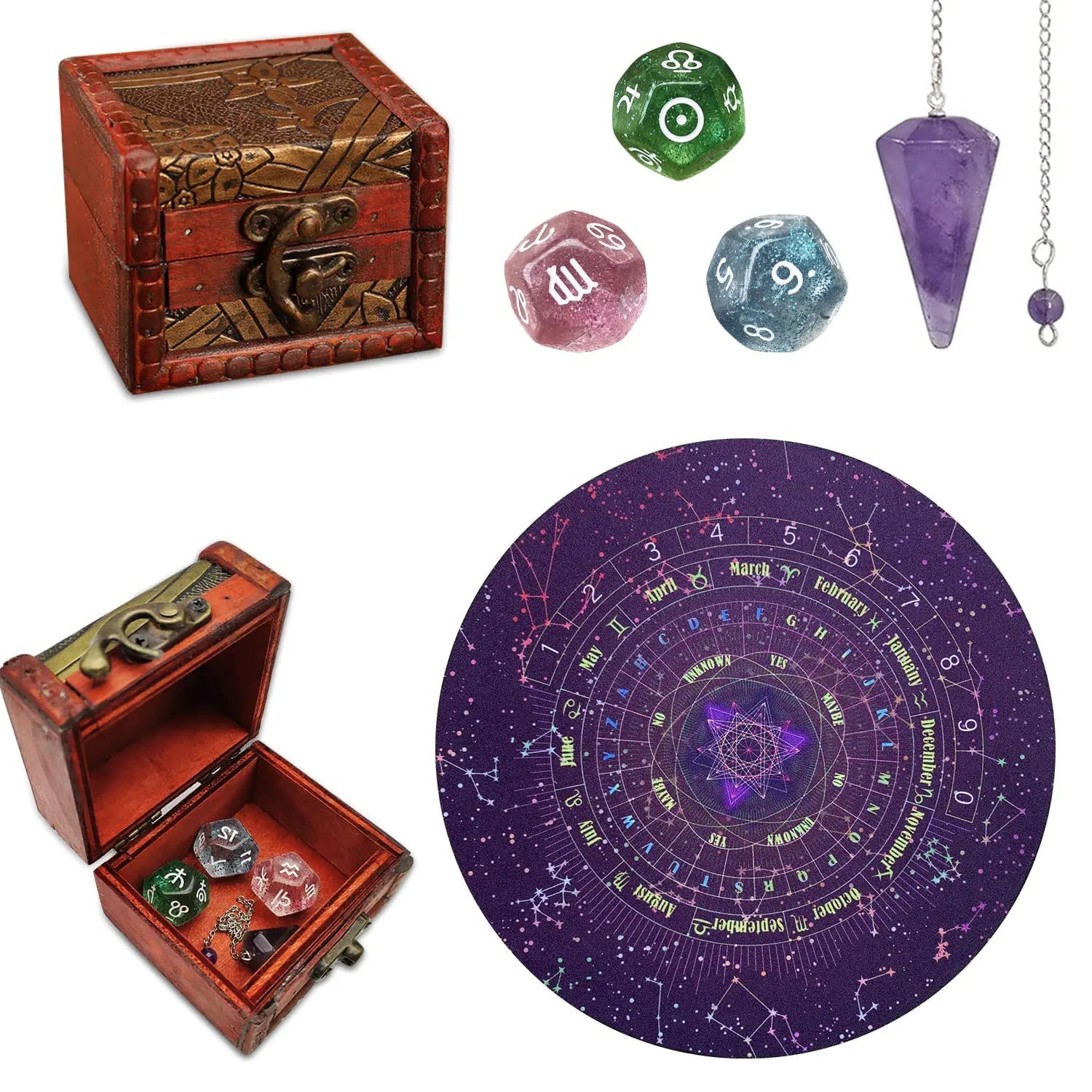 bougieherbeshuilerituelmagiqueseraphélya - boutique_shop_enchantement_seraphélyaKnana Ensemble de 6 Pièces avec Planche de Pendule, Cristal pour Radiesthésie, Dés de Tarot et Dés d'Astrologie avec Boîte, Cadeaux de Tarot pour Femmes, Fournitures et Outils Wiccans, Divination par Tarot pour DébutantsKnana Ensemble de 6 Pièces avec Planche de Pendule, Cristal pour Radiesthésie, Dés de Tarot et Dés d'Astrologie avec Boîte, Cadeaux de Tarot pour Femmes, Fournitures et Outils Wiccans, Divination par 