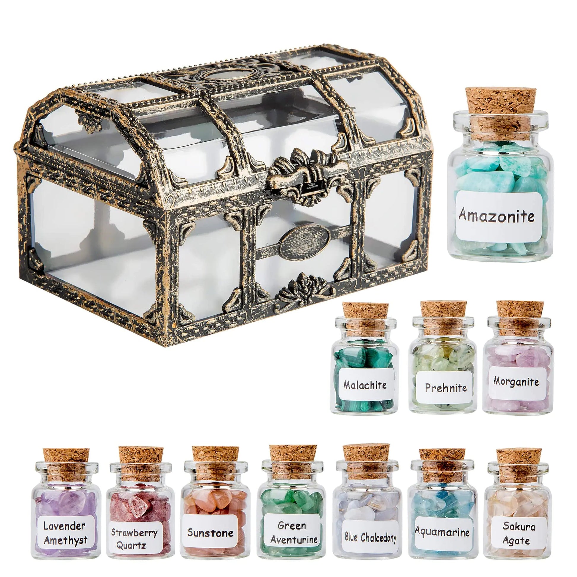 Coffret vintage de mini fioles de cristaux - pierres naturelles pour sorcellerie, chakras, guérison et rituels spirituels.