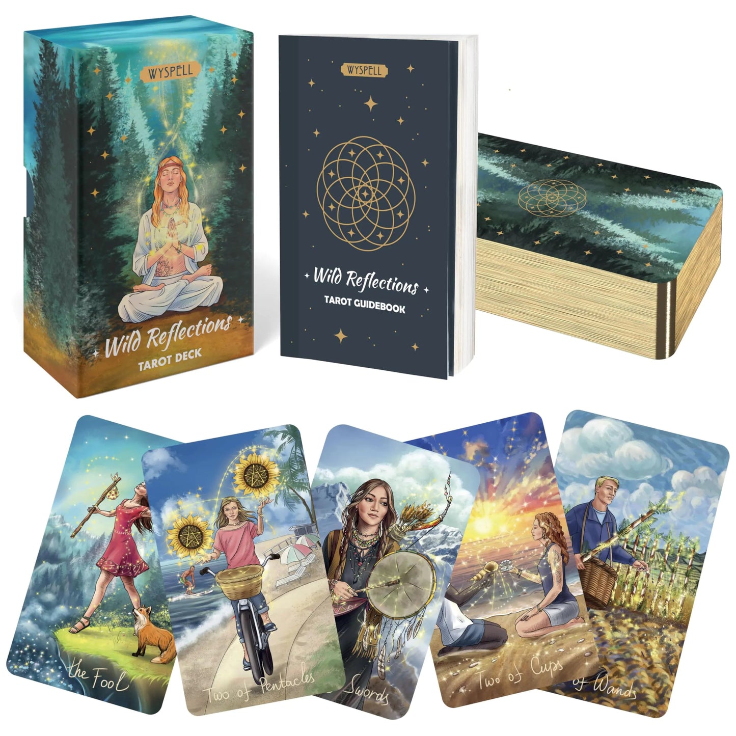 Jeu de tarot Wyspell Wild Reflections - cartes inspirées de la nature avec guide illustré pour divination.