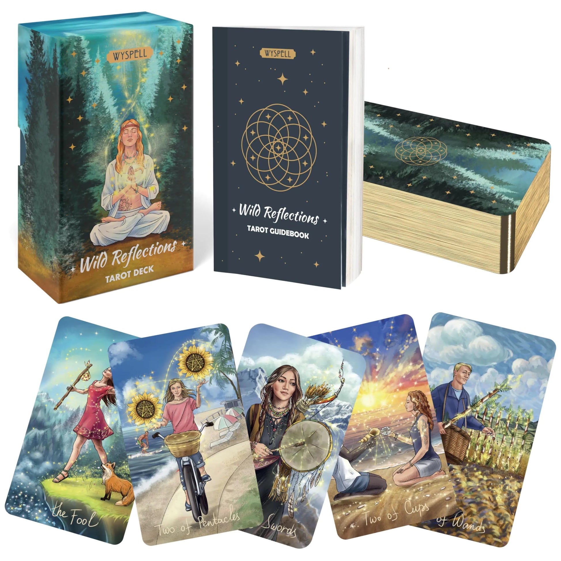 Jeu de tarot Wyspell Wild Reflections - cartes inspirées de la nature avec guide illustré pour divination.