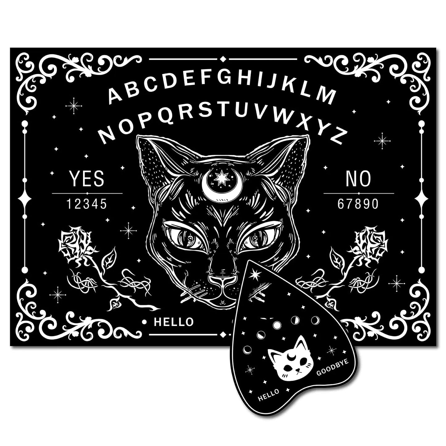 Planche Ouija spirituelle en bois avec chat noir - outil de divination wicca avec planchette, idéale pour spiritisme