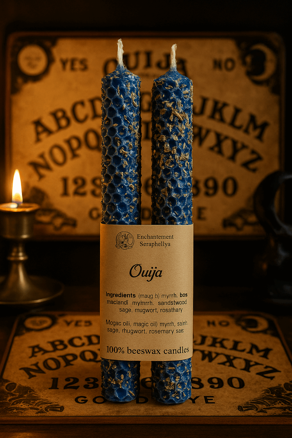 Bougie rituelle en cire d'abeille - Ouija pour connexion intuitive, divination et protection magique. Création Seraphélya
