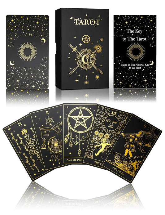 Jeu de tarot doré WJPC - 78 cartes lumineuses avec guide illustré et coffret cadeau pour débutants et experts. Seraphélya
